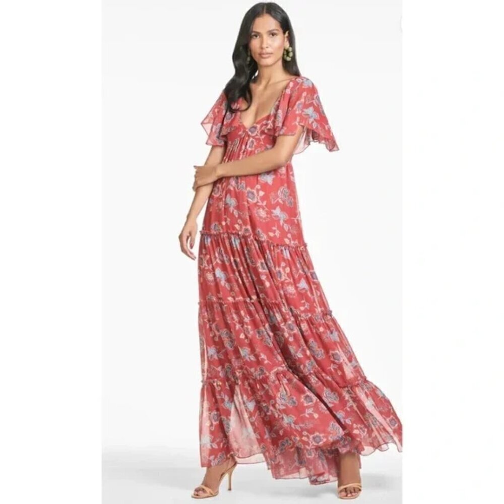 💕SACHIN & BABI Kara Floral Print Tiered Maxi Dress Eastern Gouache Botanical 6